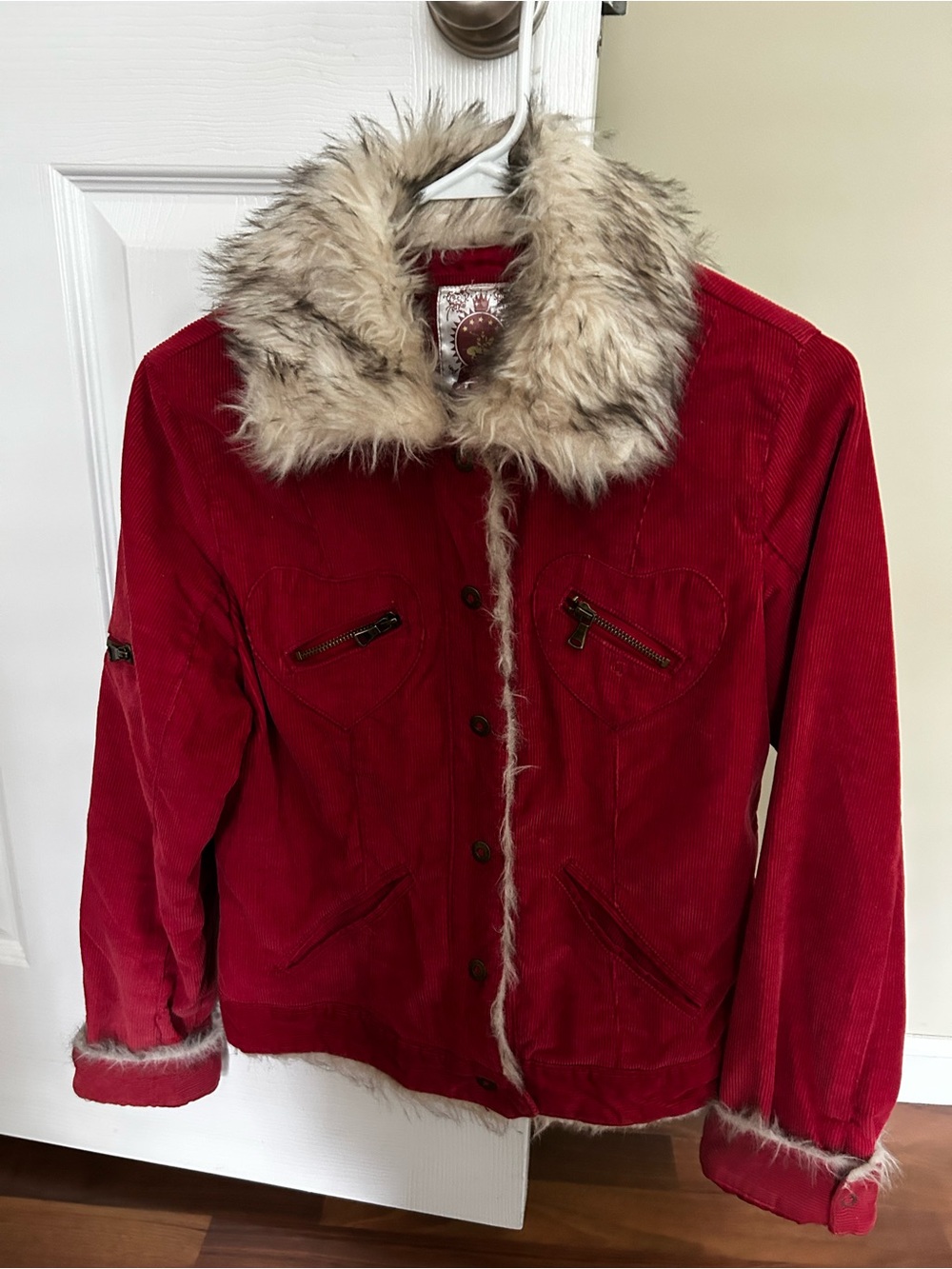 Beverly Hills Polo Club Red Corduroy Teddy Jacket with Faux Fur Trim